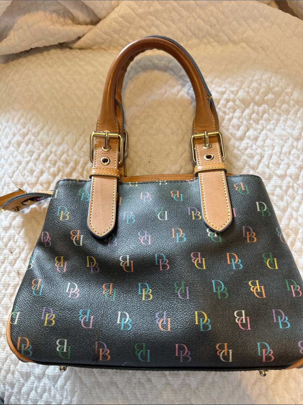 Dooney & Bourke Black Satchel with Multicolor DB Logo and Tan Trim
